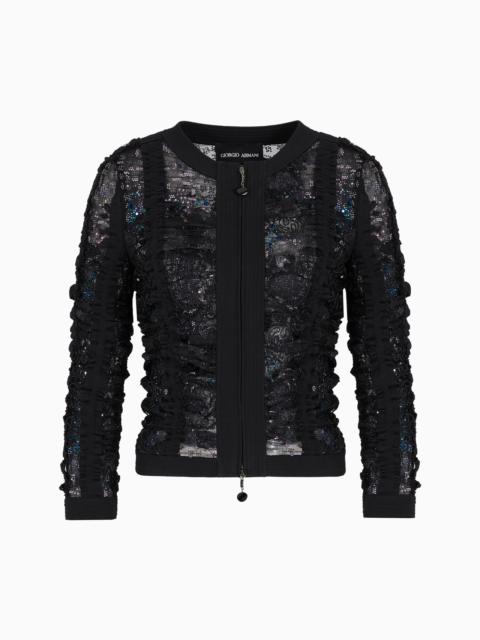 GIORGIO ARMANI SHORT JACKET IN BLACK EMBROIDERED LACE WITH ZIP