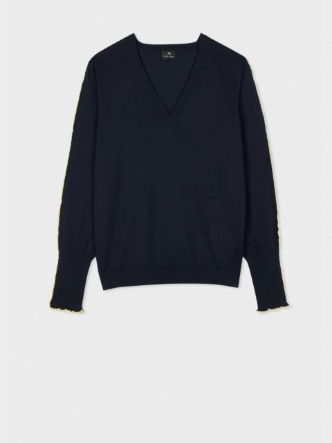 Paul Smith Women's Navy Cotton V-Neck Sweater With Frill Sleeves