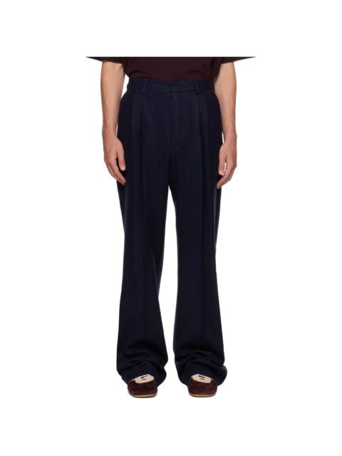 Dries Van Noten Navy Pleated Wool Trousers