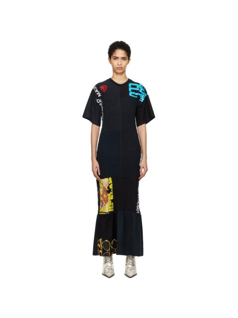 Marine Serre Black Upcycled Shirred Fitted Maxi Dress