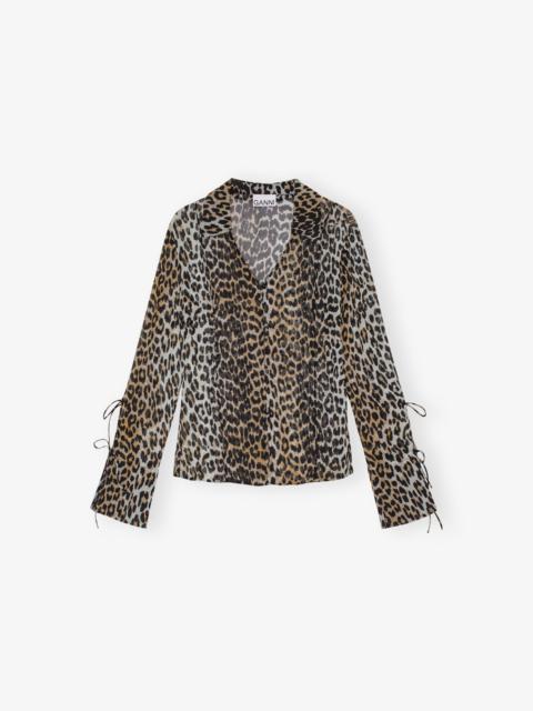 GANNI LEOPARD PRINTED CHIFFON SLIM SHIRT