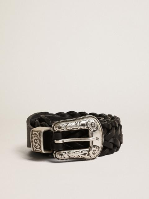 Belt in black braided leather with silver color buckle