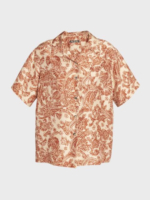 Loro Piana Isoble Woodblock Botanic-Print Silk Short-Sleeve Shirt