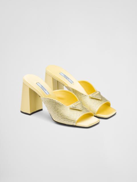 High-heeled satin slides with crystals