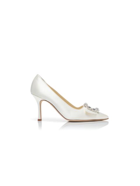 Manolo Blahnik Cream Satin Crystal Buckle Pumps