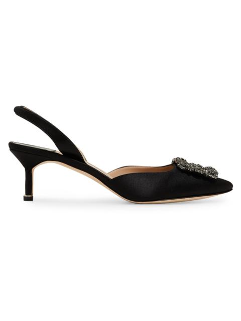 Manolo Blahnik Women's Hangisli 50MM Jewel Buckle Satin Pumps - Black