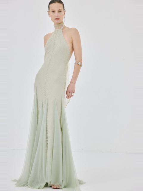 De La Vali ELOWEN MAXI DRESS IN STONE BEIGE AND SAGE GREEN FINE LACE
