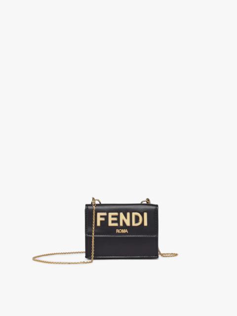 Compact-design tri-fold Fendi Roma wallet with metal chain. Interior features ten card slots, two fl