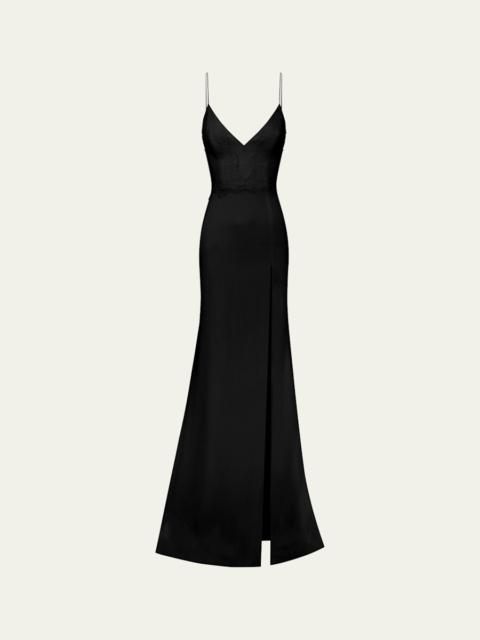 ALEX PERRY V-Neck Sleeveless Lace-Trim Satin Crepe Trumpet Gown