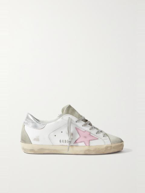 Superstar faux pearl-embellished distressed leather sneakers