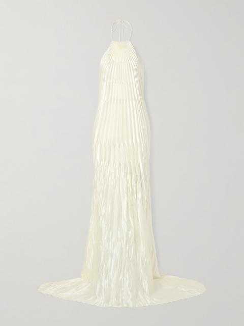 DANIELLE FRANKEL Sinclair Embellished Wool And Silk-blend Plissé-mikado Halterneck Gown