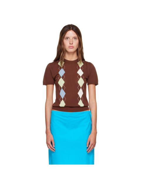 GANNI Brown Argyle T-shirt