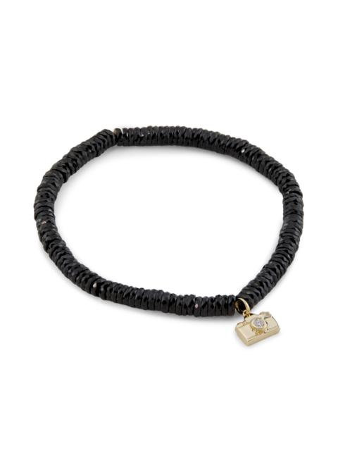 SYDNEY EVAN Women's 14K Yellow Gold, Black Spinel & 0.04 TCW Diamond Beaded Camera Charm Bracelet - Black