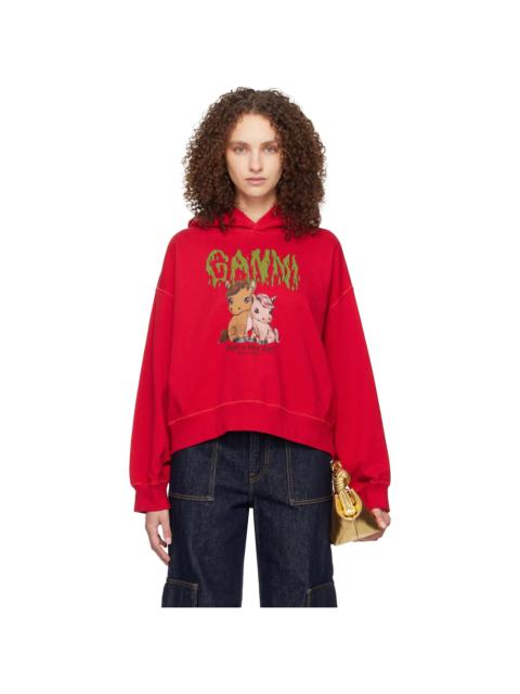 GANNI Red Graphic Cropped Hoodie