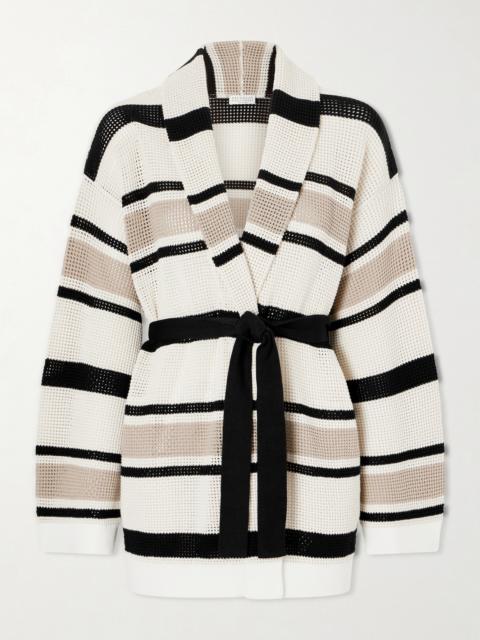 Brunello Cucinelli Belted Open-knit Striped Cotton Cardigan