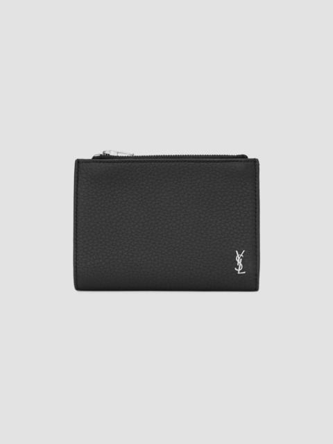 SAINT LAURENT Men's Tiny Cassandre Bi-Fold Wallet in Grained Leather - Black