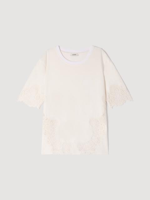 Sandro COTTON T-SHIRT WITH LACE DETAIL