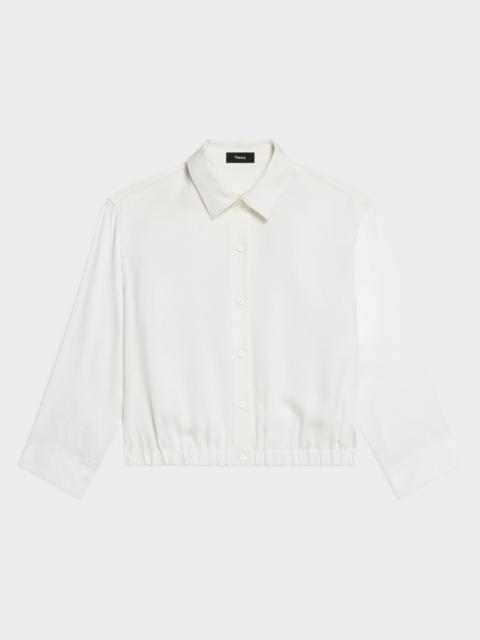 Theory Scrunched-Sleeve Cropped Button-Front Silk Shirt