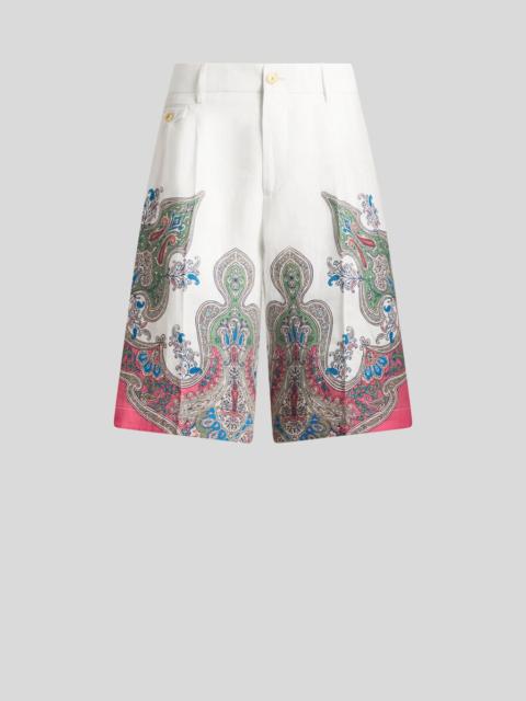 Etro LINEN SHORTS WITH PLACED FLORAL PAISLEY PRINT