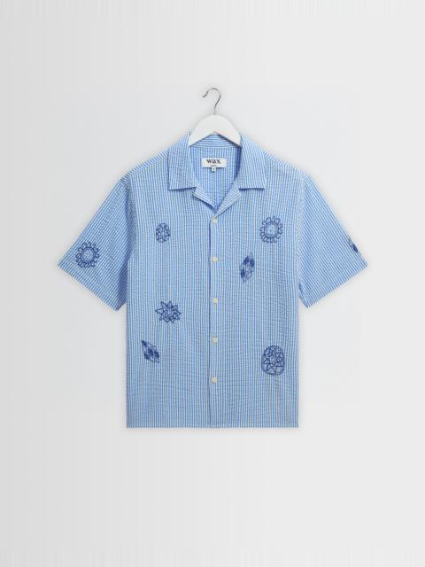 Wax London Didcot - Blue And Ecru Doodle Seersucker Short-Sleeve Shirt
