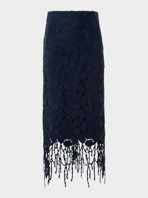 AKRIS Broken Stone Guipure Fringed Midi Pencil Skirt