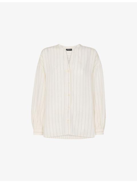WHISTLES Striped V-Neck Long-Sleeve Linen-Blend Blouse