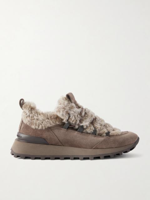 Brunello Cucinelli Bead-embellished Shearling-trimmed Suede Sneakers