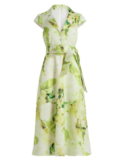 BADGLEY MISCHKA Women's Belted Floral A-Line Midi-Dress - Lime