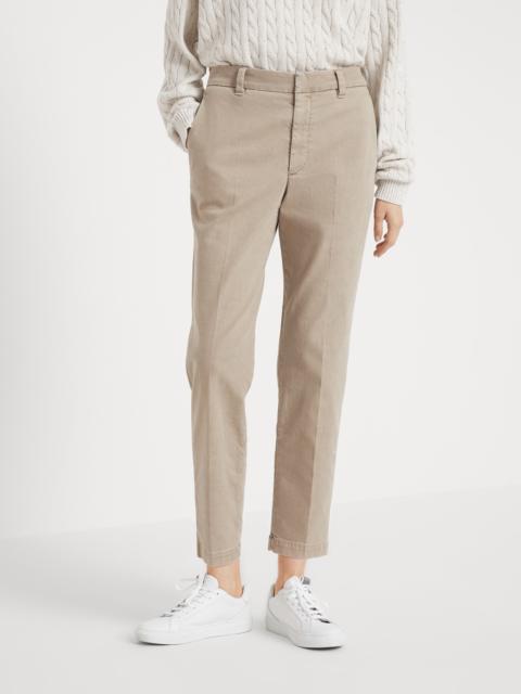 Garment-dyed cigarette trousers in stretch cotton drill with monili
