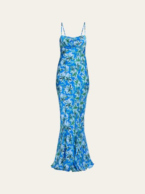 SALONI Renee Long Floral Silk Spaghetti-Strap Dress
