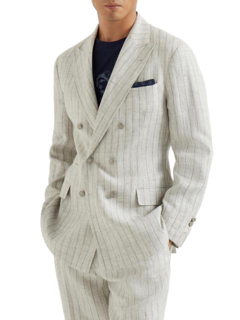 Brunello Cucinelli Men's Chalk Stripe Linen Twill One and a Half Breasted Deconstructed Blazer - Light Grey
