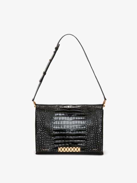 Jumbo Chain Pouch in Black Croc-Effect Leather
