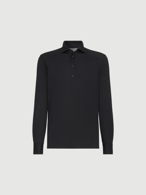 Brunello Cucinelli Silk and cotton lightweight jersey long sleeve polo with shirt-style collar