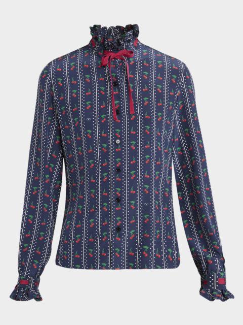 Cherry Polka-Dot Striped Crepe De Chine Shirt