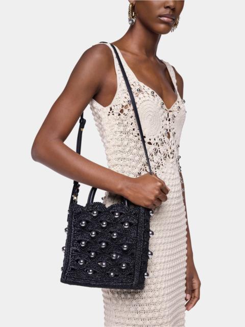 rabanne SMALL TOTE BAG IN BLACK RAFFIA WITH SILVER PEARLS DETAILS