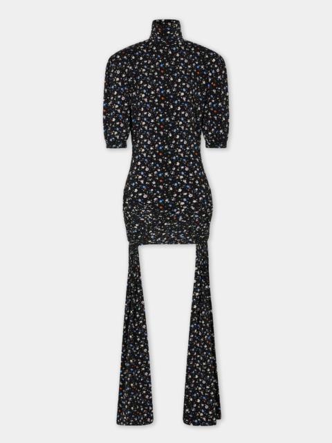 rabanne MINI BLACK FLORAL PRINT DRESS WITH RUCHED DETAILS