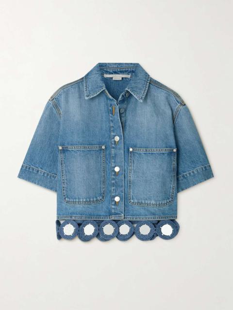Cropped embellished crochet-trimmed denim shirt