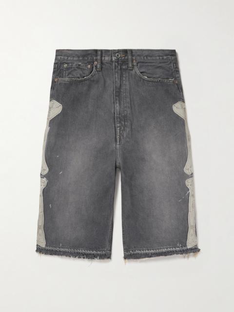 Kapital Wide-Leg Appliquéd Distressed Denim Shorts