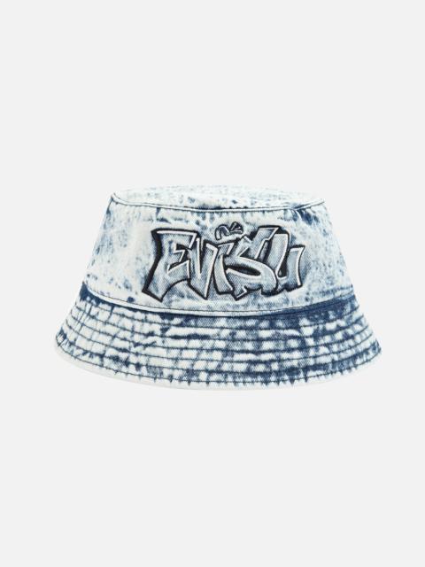 EVISU GRAFFITI LOGO EMBROIDERY DENIM BUCKET HAT