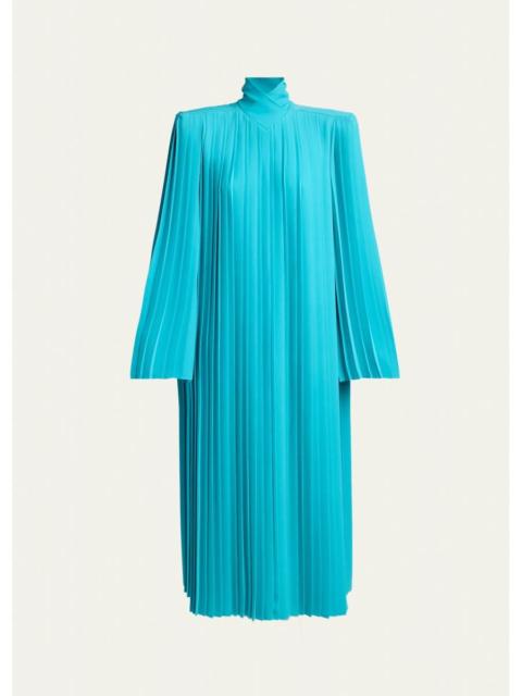 Valentino Pleated Padded-Shoulder Midi Shift Dress