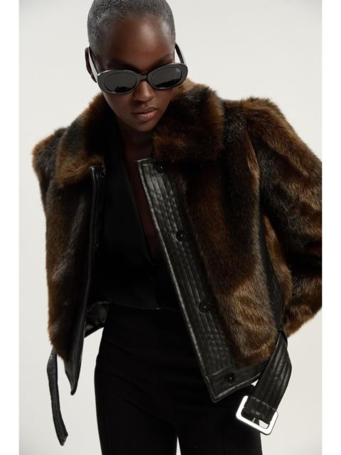 KAREN MILLEN Faux Fur PU Panelled Belted Cropped Jacket