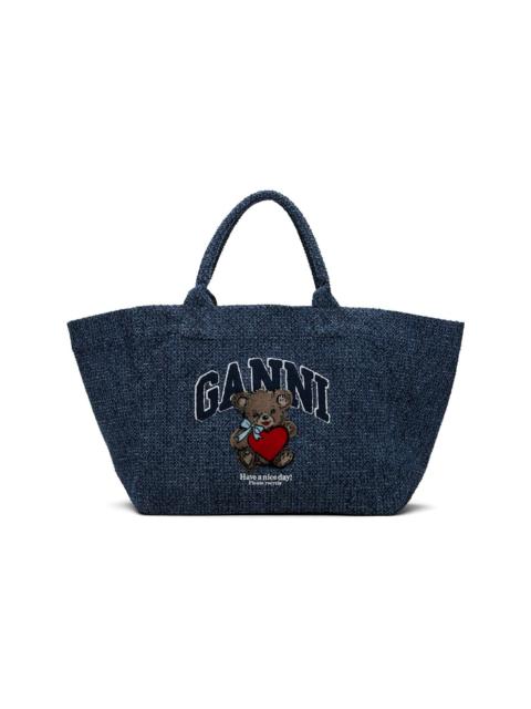 GANNI Navy XXL Bear Tweed Denim Shopper Tote