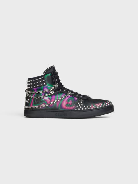 CELINE CT-01 "Z" TRAINER HIGH TOP SNEAKER WITH CHAINS AND STUDS in PRINTED CALFSKIN "HATE TO LOVE YOU"