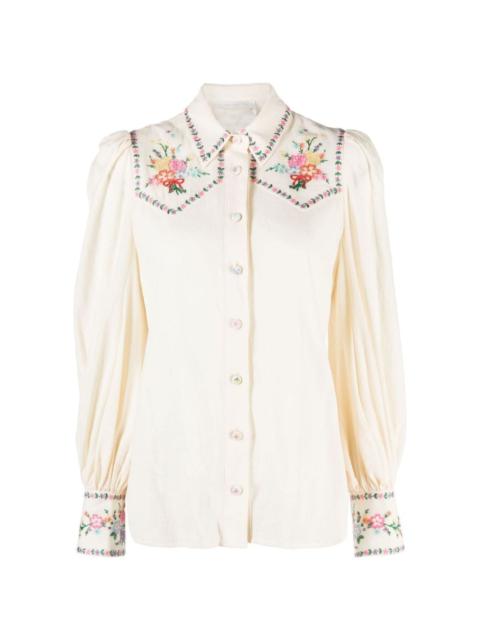 floral-print button-up shirt