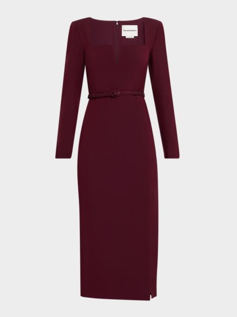 ROLAND MOURET Long-Sleeve Belted Wool-Silk Midi Dress