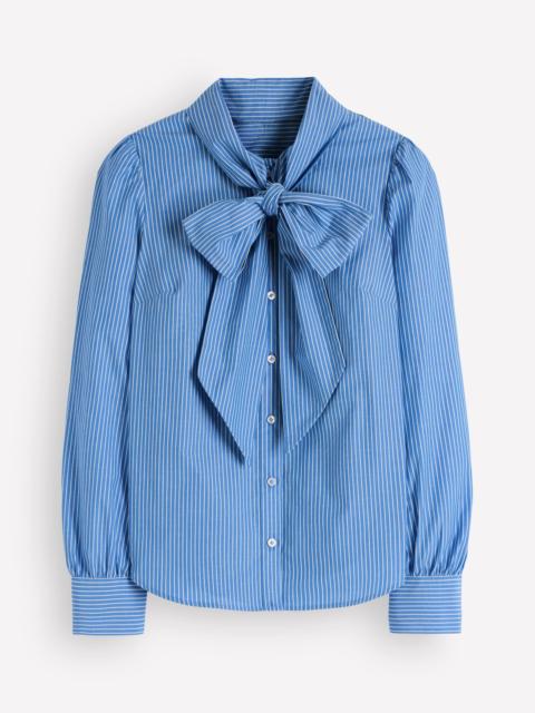 BODEN Clara Tie Neck Shirt-Blue and Ivory Stripe