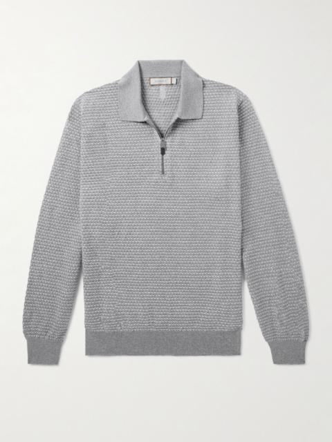 Canali Basketweave Jacquard-Knitted Wool Half-Zip Polo Shirt Gray
