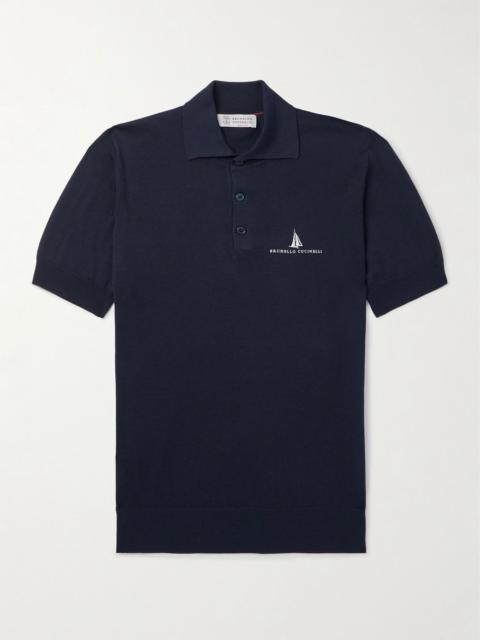 Brunello Cucinelli Slim-Fit Logo-Embroidered Silk and Cotton-Blend Polo Shirt Navy