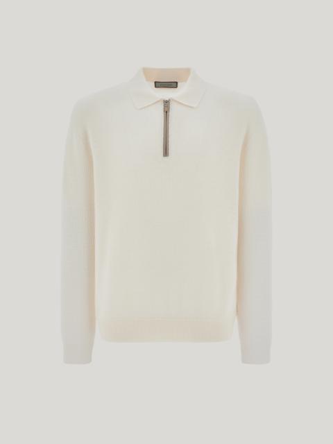 Canali MILK-COLORED WOOL AND CASHMERE ZIPPERED POLO SHIRT WITH NUBUCK DETAILS