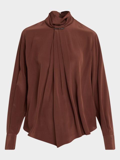 Brunello Cucinelli Turtleneck Monili Gathered Silk Blouse